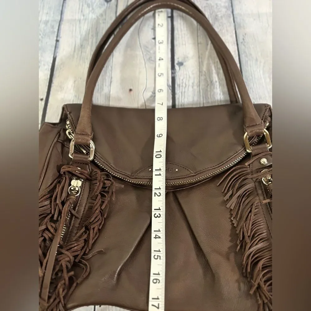 VINTAGE Botkier Chocolate Leather Morgan Boho Fringed Rocker Y2K Satchel Purse